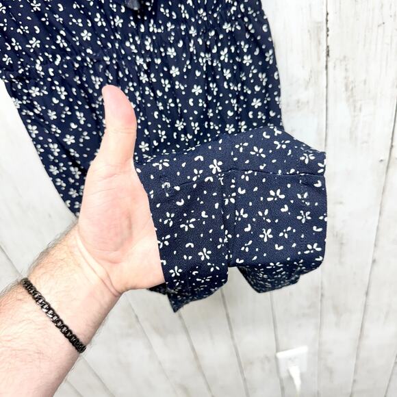 Mango Romper Women Size XXS Short Sleeve Deep V Navy Blue Floral Summer Jumper - Picture 3 of 5